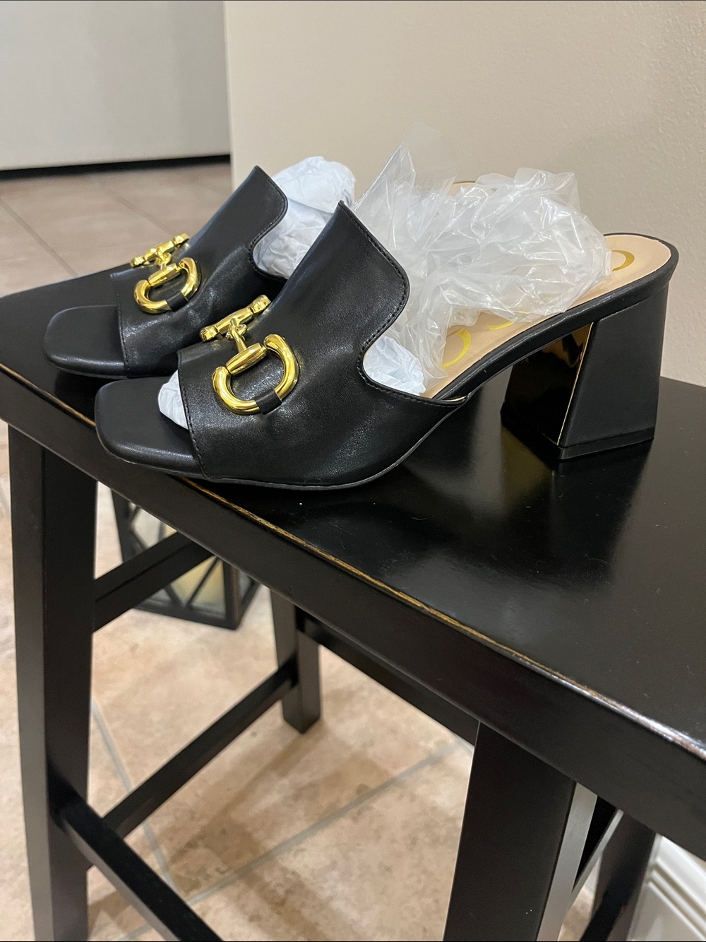NWT Black Open-Toe Mule with Gold Horsebit Hardware - Picture 2 of 11